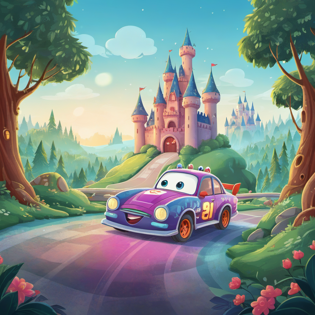 09124-2667212968-a Sedan race car in The Enchanted Castle landscape at Morning _lora_ILLUSTRE_v1_1_.png